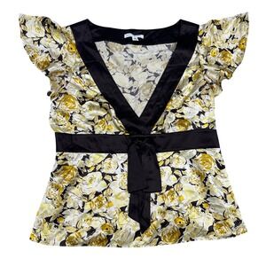 VTG babydoll silk top Womens Yellow Floral Flutter Sleeve Blouse L 100% SILK